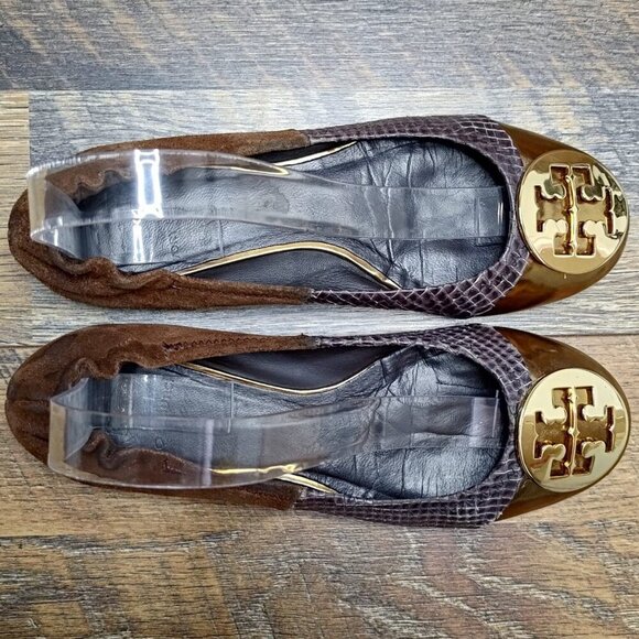 Tory Burch Women’s Reva Gold Metallic Slip On Stretch Ballet Flats Size 6.5 - Picture 1 of 8